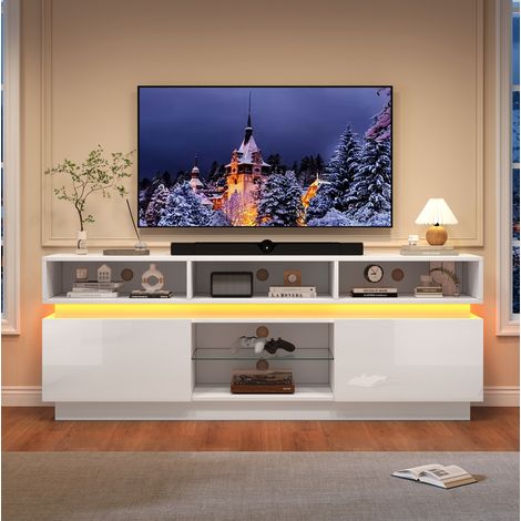 Meuble TV 160x35x60 cm blanc en MDF et verre trempé avec rangements et LED (1/5)