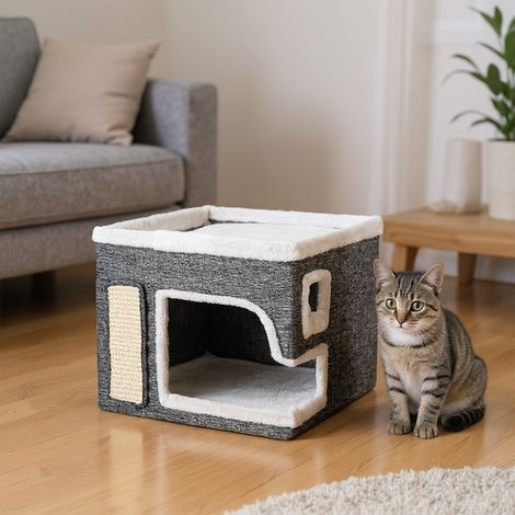 2-in-1 Cat House with Scratch Pad and Fluffy Ball