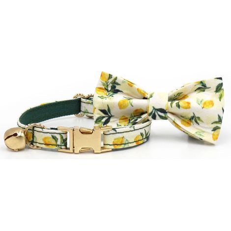 Collier chat imprimé fruits et fleurs avec nœud - L (boucle argentée) - Vert citron (1/2)