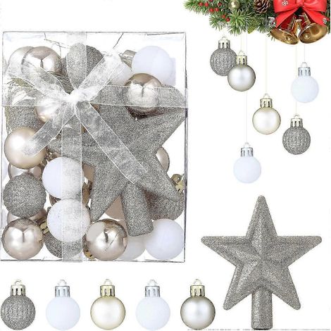 Boules de Noël, 30 boules blanches, dorées et argentées pour sapin de Noël (AAA) (1/5)