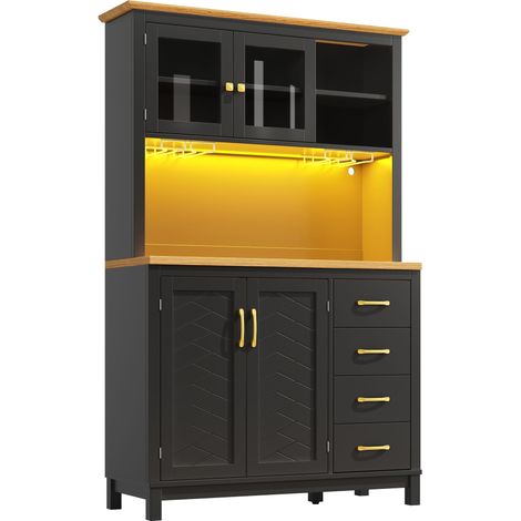 CAIziBuffet / meuble de rangement / meuble de cuisine / vaisselier, 105,5 x 40 x 180 cm, style campagne, 4 portes, avec bande lumineuse LED et porte-gobelets, vert/noir/blanc