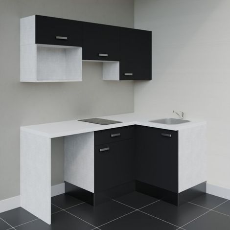 Kitchenette d'angle KA03L-PT avec plan de travail et évier Façade Noir - Plan Blanc - Evier
