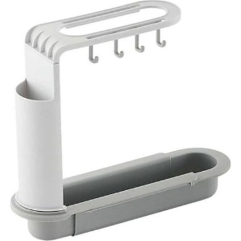 Égouttoir télescopique pour évier, porte-savon et éponge, barre porte-serviettes, panier de rangement sanitaire réglable, articles ménagers (Couleur : Blanc Gris)-AquaForge (1/5)