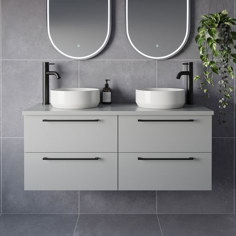 Napoli 460 Gloss Grey Pearl 1200mm Wall Mounted 4 Drawer Vanity Unit for Countertop Basins - 1200mm - Matt Black 320mm Handle