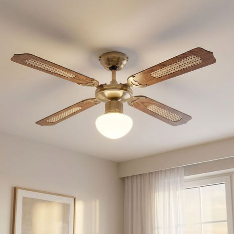 Ventilateur de plafond LED avec interrupteur à tirette Lampe de ventilateur plafond 3 niveaux Ventilateur plafonnier, marche avant-arrière, chêne tressé verre laiton antique, 1x LED 11W 1055Lm, D 106, (1/5)