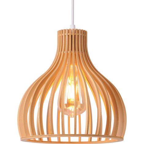 suspension luminaire salon vintage en bois, plafonnier décoratif cage à oiseaux, plafonnier rétro fait à la main E27, hauteur réglable restaurant chambre couloir, 60W, ø23cm, blanc + naturelle