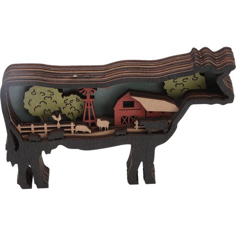 Ornement animal en bois, sculpture sur bois multicouche, découpes artisanales pour décoration murale, vache avec lampe à piles (1/5)