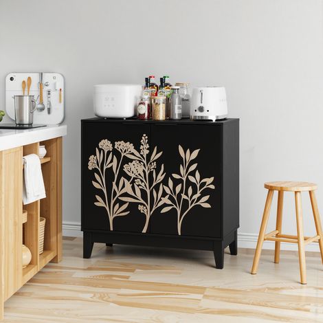 Credenza con 2 Ante e Ripiano Regolabile, Frontale con Motivo Floreale Intagliato, in MDF, per Soggiorno, Nera (1/5)
