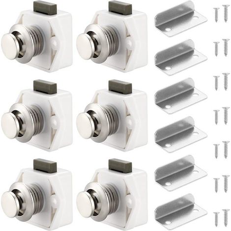 Lot de 6 verrous à bouton-poussoir pour placard, tiroir, placard, porte, caravane, camping-car, bateau, blanc (1/5)