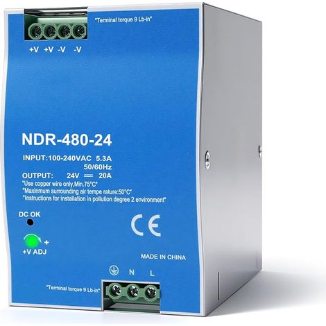 Bloc d'alimentation rail DIN 480 W 24 V - Entrée AC 100-240 V 5,3 A - Sortie CC 24 V 20 A - Plusieurs fonctions de protection - Modèle industriel NDR-480-24 V.