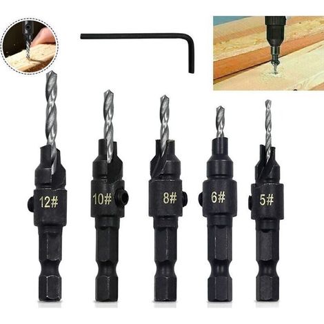 Foret Conique - Tige Hexagonale 3-en-1 Pour Perçage Chanfreinage Contre-Alésage Bois - Réglable En Profondeur - Lot De 5 Pièces (5 6 8 10 12 mm) (1/4)