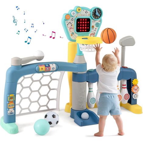 COSTWAY 5 in 1 Canestro da Basket per Bambini, Centro Attività Sportive con Porta da Calcio, Golf, Bowling e Baseball, Altezza Regolabile, Luci Musica e Suoni, Giocattolo Sportivo per Bambini 18+ Mesi (1/5)