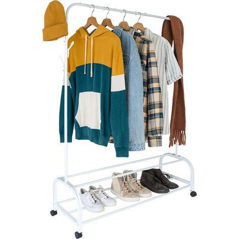 Appendiabiti Relaxdays con rotelle, HxLxP: 160 x 110 x 40 cm, 2 ripiani, ganci laterali, ferro, carrello, bianco