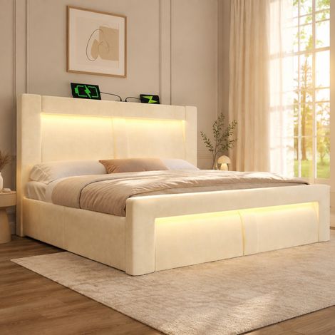 Lit double 160x200 cm en velours beige avec rangement LED USB, pour chambre, sans matelas – MEUBLIV (1/5)