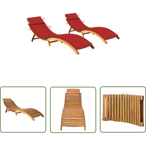 The Living Store Sonnenliegen 2 Stk. mit Auflagen Massivholz Akazie - Holz Sonnenschirm - Gartenmöbel - Außenbereiche Möbel - Lounge Sessel - Gartenliegensessel (1/5)