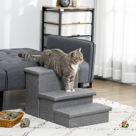 Escalera para Mascotas de 3 Peldaños Escalones para Perros Gatos con Espacio de Almacenamiento 63,5x42,5x40,5 cm Gris (1/5)