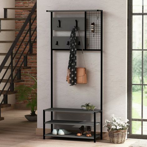 Eingangsmöbel Warschau, 3 Regale, Garderobe, Wandmontage, 78x30x182h cm, Schwarz-Anthrazit (1/5)