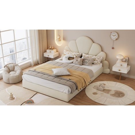 Lit double rembourré 140x200 cm avec sommier à lattes inclus, sans matelas, lit velours beige avec tête de lit fleur capitonnée, structure moderne et élégante (1/5)