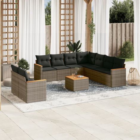 Ensemble modulable jardin canapé résine tressée gris 10 places avec coussins et table acacia (1/5)