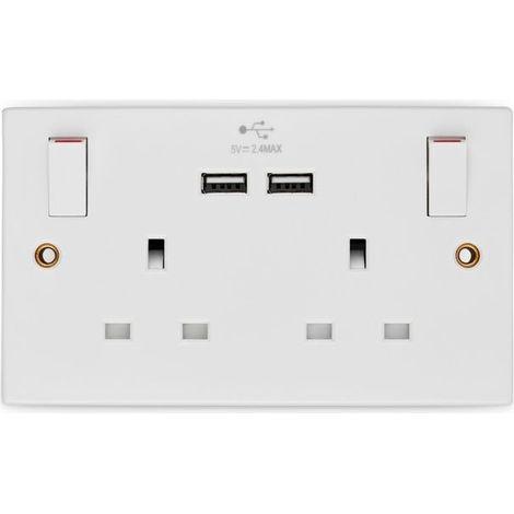 Dencon 2-Gang 13A Socket with 2 USB Ports - White Plastic (1/5)