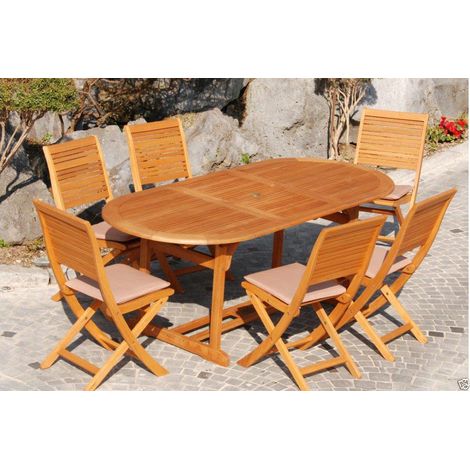 Set in legno Eucalypto con tavolo ovale 180/240x100 cm noce 6 sedie pieghevoli