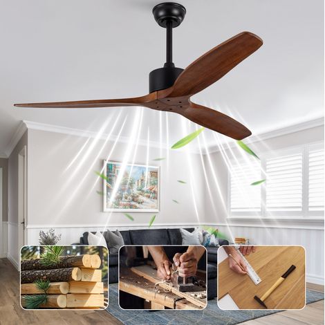 Ventilateur de plafond 52 pouces sans lumière, 3 pales en bois, télécommande, noir et noyer (1/5)