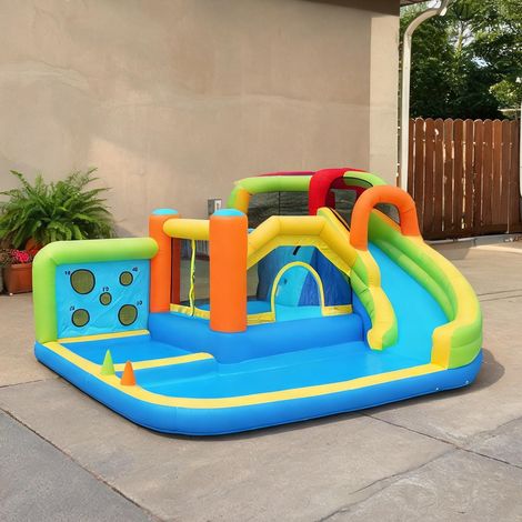 Gonflable bleu avec toboggan aquatique et trampoline pour enfants (1/5)
