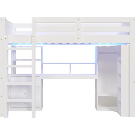 Letto a soppalco 90 x 200 cm bianco con LED, scrivania, armadio e vani contenitivi (1/5)