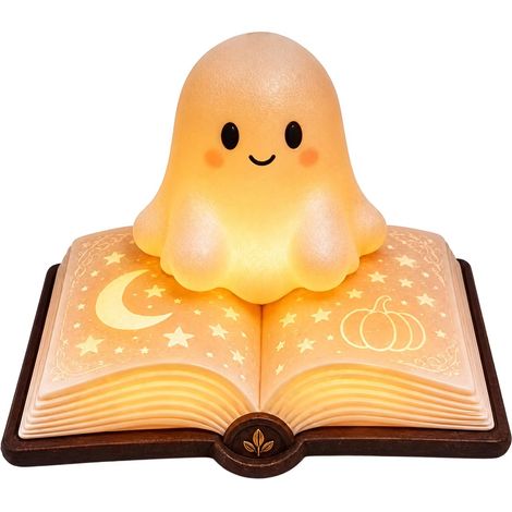 Veilleuse d'Halloween avec un adorable fantôme lisant un livre, lampe lumineuse chaude, décoration intérieure et extérieure (1/5)