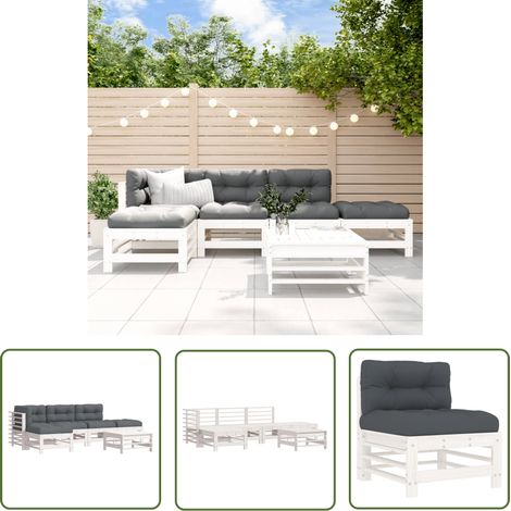 The Living Store Salon de jardin 6 pcs avec coussins blanc bois massif - Salon De Jardin - Mobilier De Jardin - Ensemble Salon - Meubles De Jardin - Bois Massif (1/5)