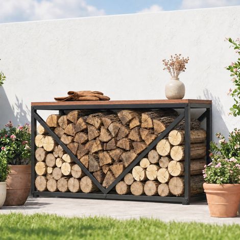 Range-bûches d'intérieur 2 en 1 98 x 28 x 50 cm, surélevé, avec étagère, séparateur et table d'appoint (1/5)
