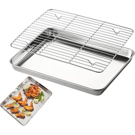 Plaque de cuisson empilable en acier inoxydable avec grille de refroidissement, idéale pour la cuisson de biscuits, de pain, de viandes et de légumes. (1/5)