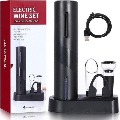 (Noir)Tire Bouchon Électrique - Chargement USB - Avec Coupe-Capsule, Bouchon de Bouteille, Verseur à Vin, Base - Noir (1/5)