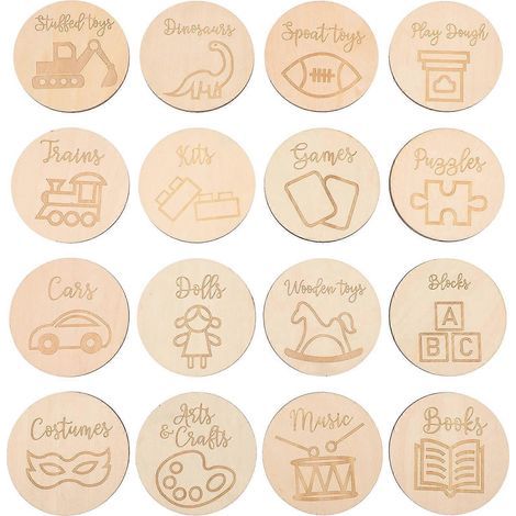 16 runde Holzschilder, runde Holzscheiben, kreisförmige Dekorationen für Spielzeugkisten – 7 x 7 cm (1/3)