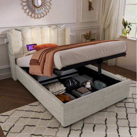 MEUBLIV Lit simple en lin naturel avec liseuse et port USB tête de lit avec rangement cadre en fer 90 x 200 cm (1/5)