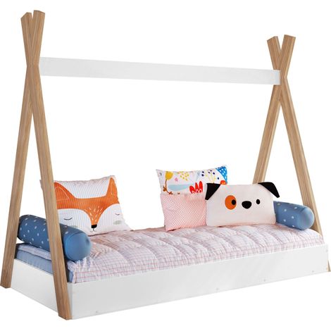Lit tipi Montessori pour enfant, lit enfant avec sommier à lattes, mélaminé blanc mat et chêne 80x190 cm (1/5)