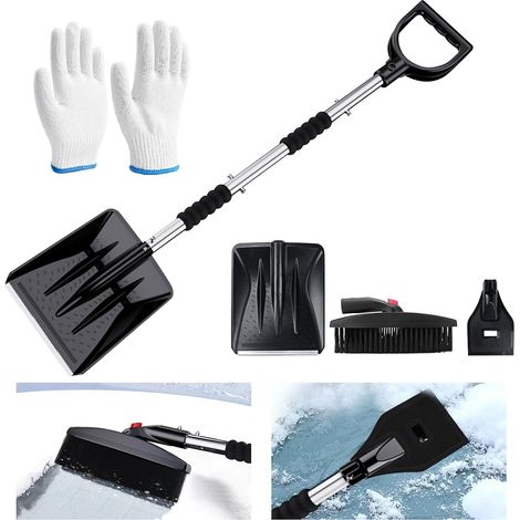 Pelle à neige télescopique 3 en 1 en plastique avec brosse rotative à 360° et grattoir, kit de pelle pour voiture, design détachable, convient pour camion, voiture, maison, portable (1/5)
