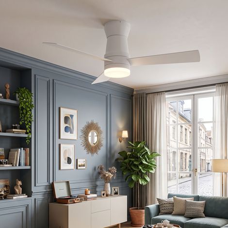 Creahappy Ventilateur de Plafond avec Lampe LED Ø 106,6 cm - Moteur Réversible Silencieux Télécommande - 3 Pales Bois Contreplaqué Blanc (1/5)