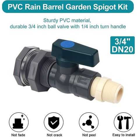 Connecteur Réservoirs d'eau en PVC Robinet Baril de pluie en PVC 3/4 Pouce avec Raccord de Cloison et Adaptateur de Tuyau (1/2)