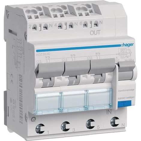 HAGER FI/LS ADZ363D 3X 1P+N, 6 KA, COMBINAISON FI, INTERRUPTEUR DE PROTECTION DE CONDUITE, 3250611020172