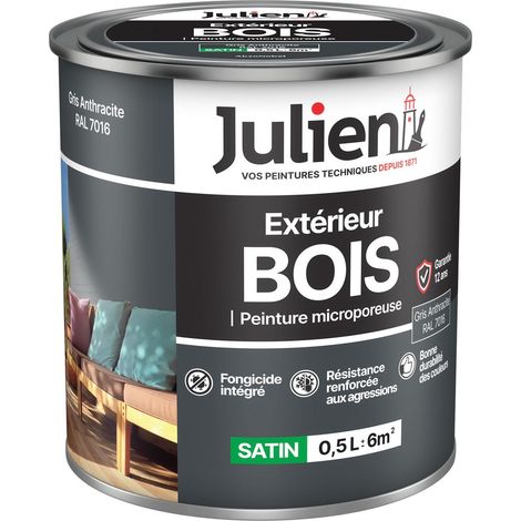 Julien Peinture Bois Microporeux Extérieur Satin - Portes, fenêtres, portails, mobilier de jardin - Gris Anthracite 0,5 L