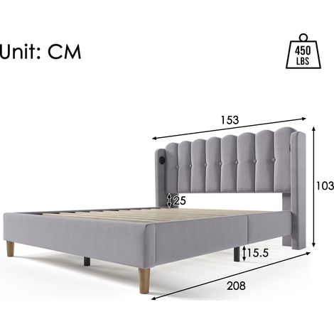 Letto Matrimoniale 140×200 cm, Letto Imbottito con USB e Type-C, Testiera Imbottita, senza Materasso, Lino, Grigio (1/4)
