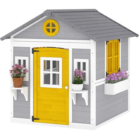 Outsunny Casetta da Giardino per Bambini 3-8 Anni in Legno con Porta, Grigio