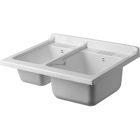 Vasca doppia per lavatoio 75x60 in termoformatura bianco con kit di scarico (1/4)