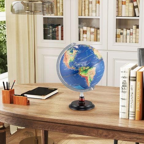 Globe Terrestre Lumineux 30 CM Lampe de Nuit Globe avec Support en Bois et Carte Claire pour Enfants et Adultes Bleu (1/3)