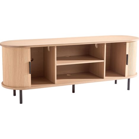 VEVOR Mueble de TV, de Estilo Bohemio, Soporta hasta 158,76 kg, con Estantes Ajustables y Puerta Enrollable, Ideal para Salón y Dormitorio, 3 Niveles, Color Madera Natural, 1473 x 551 x 401 mm (1/5)