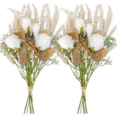 Fleurs séchées artificielles, fausses roses en soie, composition florale, bouquet d'épis de blé en plastique (blanc)hw-AquaForge