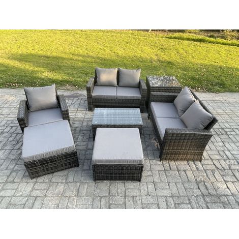 Fimous Rattan Garden Furniture Set 7 Seater Patio Outdoor Lounge Sofa Chair Set with Rectangular Coffee Table 2 Big Footstool Side Table Dark Grey Mixed (1/5)
