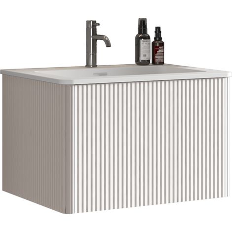 Meuble vasque 60 cm avec meuble sous-vasque pour petite salle de bain, design rainuré blanc, vasque en surface solide, rangement spacieux, CHICFURN (1/5)