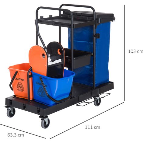 Chariot de ménage professionnel à 4 roues, système de nettoyage polyvalent, noir/bleu/orange, 111x63,3x103cm (1/5)